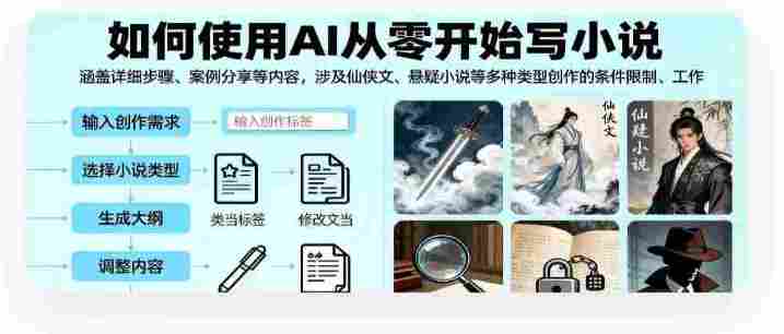 如何使用AI从零开始写小说，涵盖详细步骤、案例分享等内容，涉及仙侠文、悬疑小说等多种类型创作的条件限制、工作流程、输出格