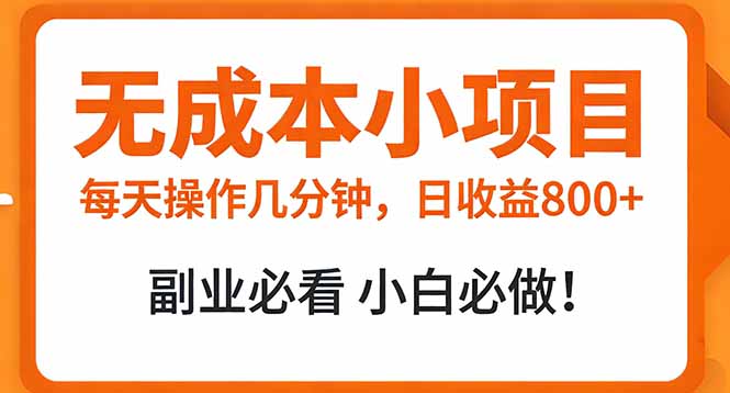 无成本小项目 每天操作几分钟，真实日收益800+ 副业必看 小白必做！