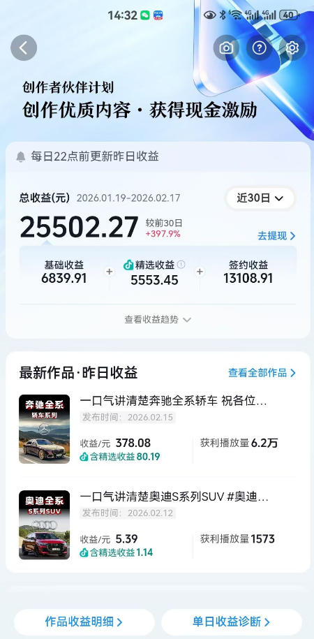 某大佬汽车科普解说教学，流量嘎嘎猛，撸创作伙伴计划精选独家收益，日入5张+