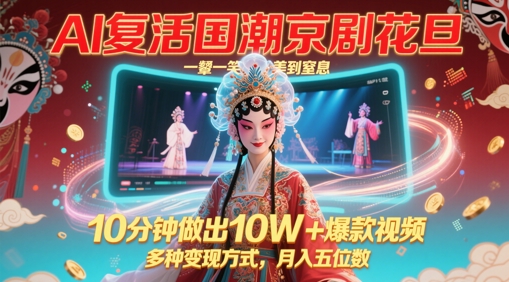 AI复活国潮京剧花旦，一颦一笑美到窒息，10分钟做出10W+爆款视频，多种变现方式，月入五位数