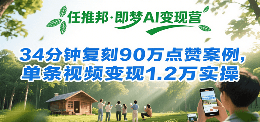 任推邦·即梦AI变现营，34分钟复刻90万点赞案例，单条视频变现1.2万实操