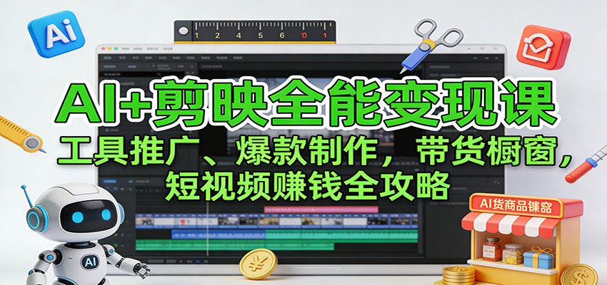 AI+剪映全能变现课：工具推广、爆款制作、带货橱窗，短视频赚钱全攻略