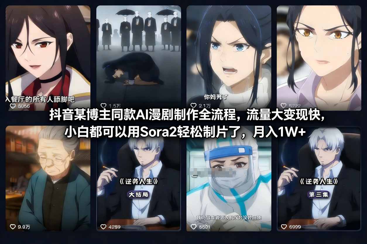 抖音某博主同款AI漫剧制作全流程，流量大变现快，小白都可以用Sora2轻松制片了，月入1W+