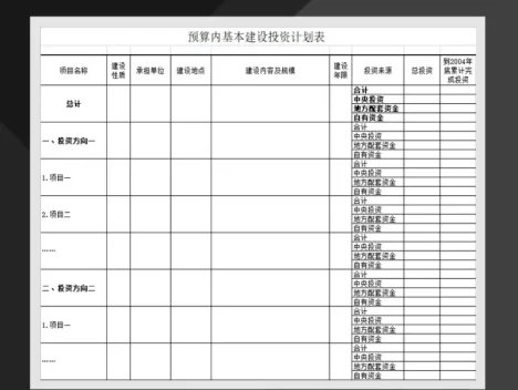 基建预算基本建设投资计划表Excel模板
