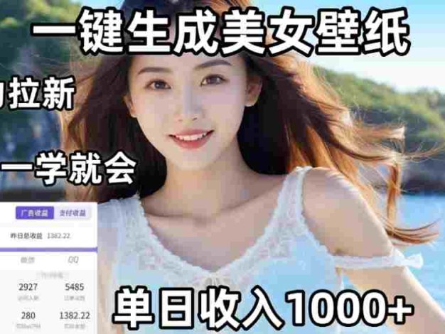 AI美女壁纸高效拉新：两分钟制作一个作品，新手小白一学就会，号称单日变现1000+