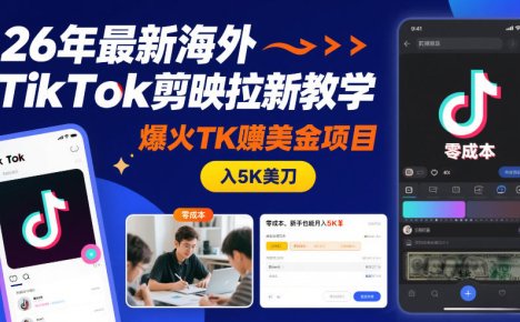 26年海外TikTok剪映拉新教学，爆火TK賺美金项目，零成本，新手也能月入5K美刀