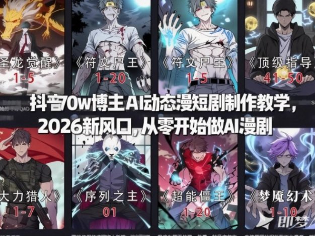 抖音70w博主AI动态漫短剧制作教学，2026新风口，从零开始做AI漫剧，普通人也能月入过W