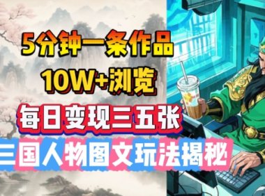 5分钟一条作品，10W+浏览，每日变现三五张，AI三国人物图文玩法揭秘