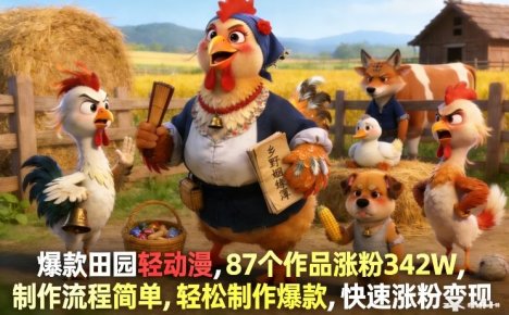 爆款田园轻动漫，87个作品涨粉342W，制作流程简单，轻松制作爆款，快速涨粉变现