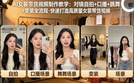 AI女装带货视频制作教学,对镜自拍、口播、跳舞、变装全流程,快速打造高质量女装带货视频