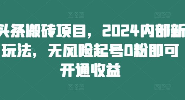 头条搬砖项目，2024内部新玩法，无风险起号0粉即可开通收益