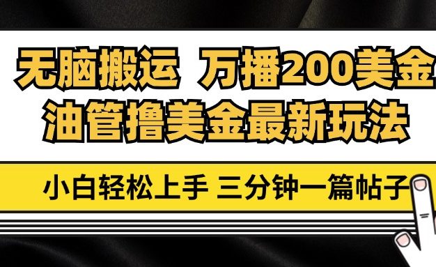 油管无脑搬运撸美金玩法教学，万播200刀，三分钟一篇帖子，小白轻松上手