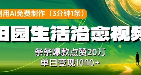 利用AI免费制作田园生活治愈视频，条条爆款点赞20W，单日变现几张