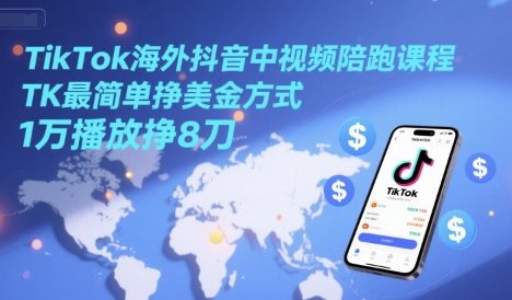 TikTok海外抖音中视频陪跑课程，TK最简单挣美金方式，1万播放挣8刀