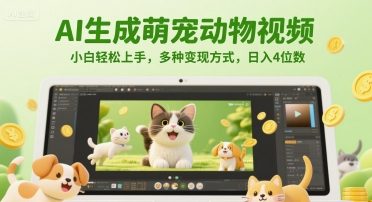 AI生成萌宠动物视频，小白轻松上手，多种变现方式，日入4位数