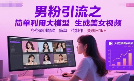男粉引流之简单利用大模型生成美女视频，条条原创爆款，简单上传制作，变现日1k+