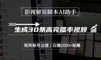 影视解说AI助手，生成30条高完播率视频，矩阵账号运营，日赚2000+秘籍