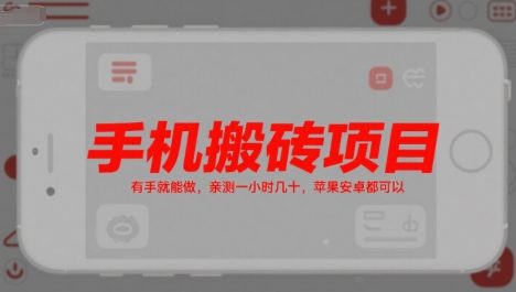 手机搬砖项目，有手就能做，亲测一小时几十，苹果安卓都可以