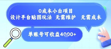 0成本小白项目，设计平台贴图玩法，无需维护，无需成本，单账号单月可产生收益4k+