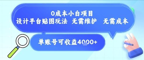 0成本小白项目，设计平台贴图玩法，无需维护，无需成本，单账号单月可产生收益4k+