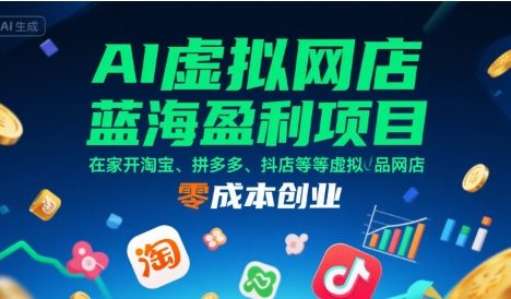 AI虚拟网店蓝海盈利项目，在家开淘宝、拼多多、抖店等虚拟品网店，零成本创业