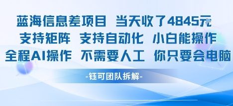 蓝海信息差项目当天收米1k+ 支持矩阵支持自动化小白能操作全程AI操作不需要人工你只要会电脑