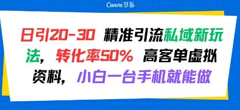 日引 20-30 精准引流私域新玩法，转化率50% 高客单虚拟资料，小白一台手机就能做