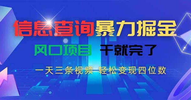 信息查询暴力掘金，一天三条视频 轻松变现四位数，风口项目干就完了