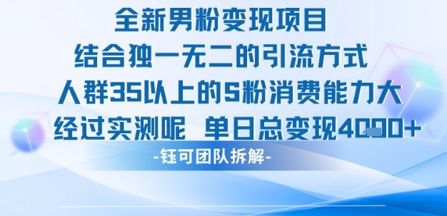 全新男粉变现项目引流人群35以上的男粉消费能力大 经过实测单日变现1k+