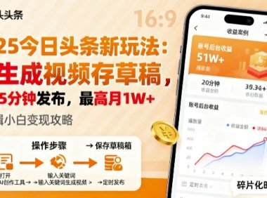 2025年今日头条躺賺新玩法，AI生成视频存草稿，每天5分钟发布，最高月1W+【揭秘】