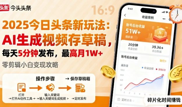 2025年今日头条躺賺新玩法，AI生成视频存草稿，每天5分钟发布，最高月1W+【揭秘】