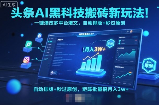 头条AI黑科技搬砖新玩法！一键爆改多平台爆文，自动排版+秒过原创，矩阵批量搞月入3w+【揭秘】