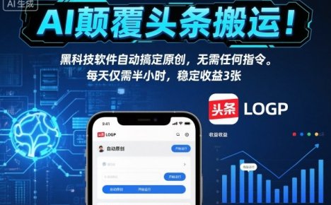 AI颠覆头条搬运！黑科技软件自动搞定原创，无需任何指令。每天仅需半小时，稳定收益3张【揭秘】