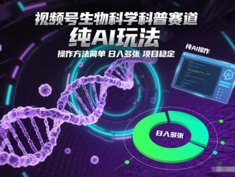 视频号生物科学科普赛道，纯AI玩法，操作方法简单，日入多张，项目稳定