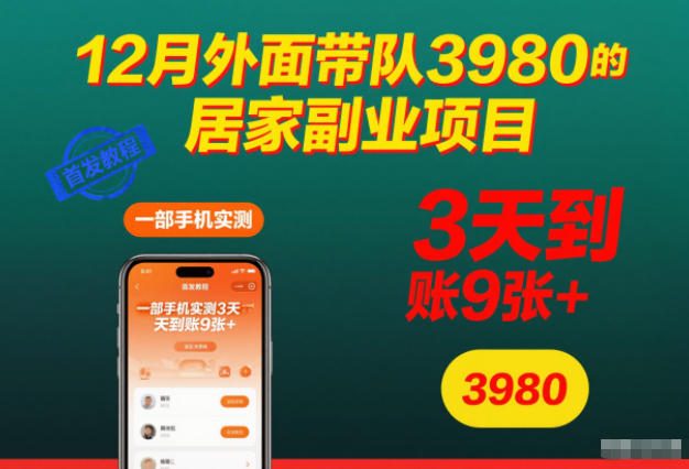 12月外面带队3980的居家副业项目，一部手机实测3天到账9张+，首发教程【揭秘】