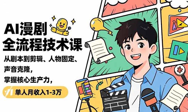 AI漫剧全流程技术课，从剧本到剪辑、人物固定、声音克隆，掌握核心生产力，单人月收入1-3万