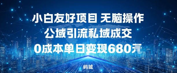 小白友好项目，无脑操作，公域引流私域成交，0成本单日变现680米