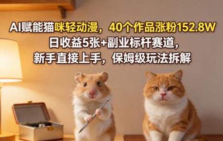 AI赋能猫咪轻动漫，40个作品涨粉152.8W，日收益5张+副业标杆赛道，新手直接上手，保姆级玩法拆解