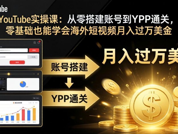 YouTube实操课：从零搭建账号到YPP通关，零基础也能学会海外短视频月入过万美金